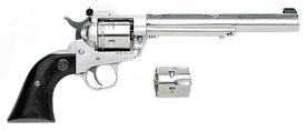 Silver long-barrel revolver with a black grip, shown with a detachable metal accessory on a white background.
