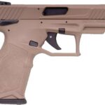 Desert tan semi-automatic handgun shown in profile with textured grip and accessory rail