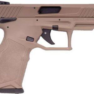 Desert tan semi-automatic handgun shown in profile with textured grip and accessory rail