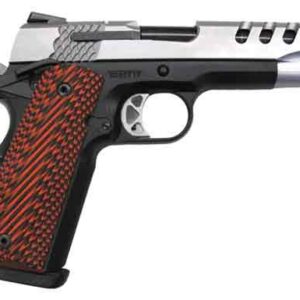 Side view of a silver semi-automatic handgun with a red textured grip.