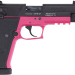 Pink and black semi-automatic pistol shown in profile, with a textured grip and trigger, facing left.