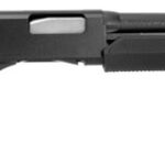 Black pump-action shotgun with a polymer stock and ribbed forend, shown from the side, pointing to the right.