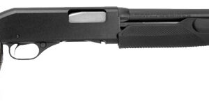 Black pump-action shotgun with a polymer stock and ribbed forend, shown from the side, pointing to the right.