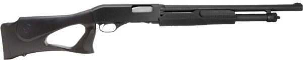 Black pump-action shotgun with a polymer stock and ribbed forend, shown from the side, pointing to the right.