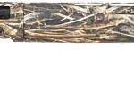 Side view of a camouflage-pattern hunting rifle (shotgun) with a scope rail and black stock end cap, viewed from the left.