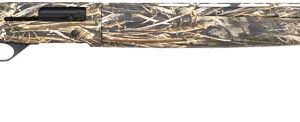 Side view of a camouflage-pattern hunting rifle (shotgun) with a scope rail and black stock end cap, viewed from the left.