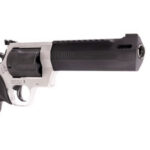 Revolver-style handgun with a black grip and long barrel displayed against a white background.