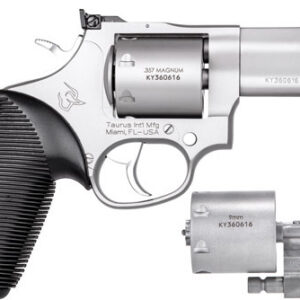 Silver Taurus .357 Magnum revolver with grip, frame, and open cylinder, shown next to a detachable component on the right.