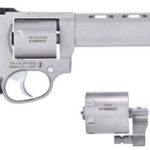 Silver revolver with a long barrel and black textured grip, shown alongside a separate metal attachment and a small component.