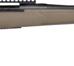 Bolt-action hunting rifle with brown stock, scope rail, and long black barrel.