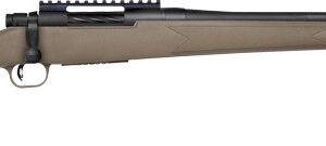 Bolt-action hunting rifle with brown stock, scope rail, and long black barrel.
