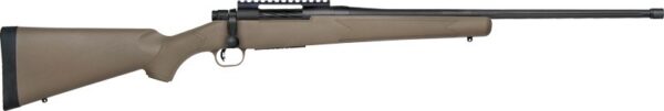 Bolt-action hunting rifle with brown stock, scope rail, and long black barrel.