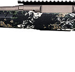 Bolt-action hunting rifle with a camouflage stock and long barrel laid horizontally.