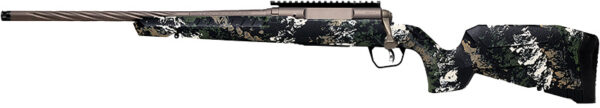 Bolt-action hunting rifle with a camouflage stock and long barrel laid horizontally.