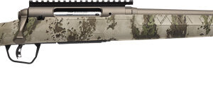 Camouflage-pattern hunting rifle in side profile, showing stock, bolt-action receiver, and long barrel