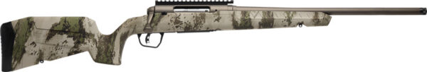 Camouflage-pattern hunting rifle in side profile, showing stock, bolt-action receiver, and long barrel