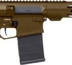 Side view of a brown and black AR-style assault rifle with collapsible stock and detachable magazine, shown in profile.