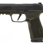 Side view of a compact olive-drab semi-automatic pistol with a black slide, shown from the left.