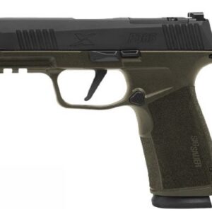 Side view of a compact olive-drab semi-automatic pistol with a black slide, shown from the left.