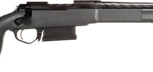 Bolt-action rifle with a black synthetic stock, shown in profile with a long barrel.