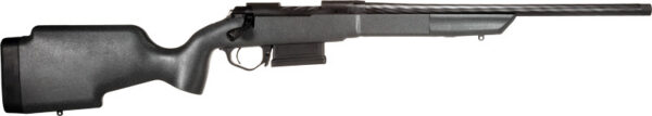 Bolt-action rifle with a black synthetic stock, shown in profile with a long barrel.