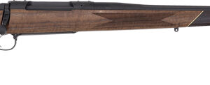 Bolt-action hunting rifle with a wooden stock and long barrel