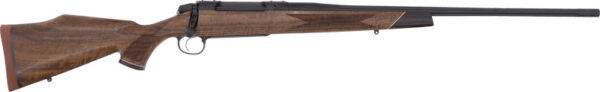 Bolt-action hunting rifle with a wooden stock and long barrel