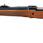 Bolt-action hunting rifle with wooden stock and metal barrel, shown in profile.