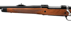 Bolt-action hunting rifle with wooden stock and metal barrel, shown in profile.