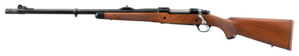Bolt-action hunting rifle with wooden stock and metal barrel, shown in profile.
