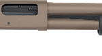 Beige pump-action shotgun with black grip and ribbed forend, shown in side profile.