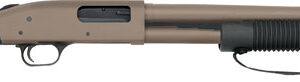 Beige pump-action shotgun with black grip and ribbed forend, shown in side profile.