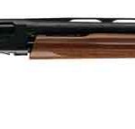 Side view of a pump-action shotgun with a wooden stock and forend, featuring a long black barrel.