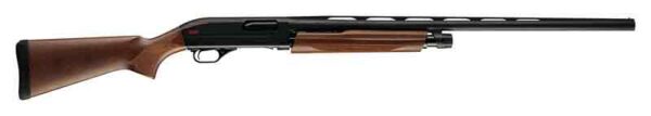 Side view of a pump-action shotgun with a wooden stock and forend, featuring a long black barrel.