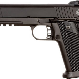 Black semi-automatic handgun with a textured grip and accessory rail, shown from the left side with a visible Ruger emblem on the slide