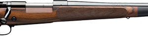 Bolt-action rifle with a wooden stock and long steel barrel, shown from the left side