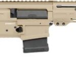 Tan and black semi-automatic rifle with collapsible stock and long modular handguard (left side view)