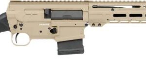 Tan and black semi-automatic rifle with collapsible stock and long modular handguard (left side view)