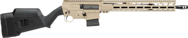 Tan and black semi-automatic rifle with collapsible stock and long modular handguard (left side view)