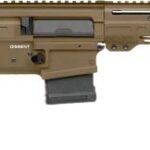 Tan AR-style semi-automatic rifle with adjustable stock and a long, modular handguard viewed from the side