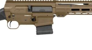 Tan AR-style semi-automatic rifle with adjustable stock and a long, modular handguard viewed from the side