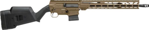 Tan AR-style semi-automatic rifle with adjustable stock and a long, modular handguard viewed from the side