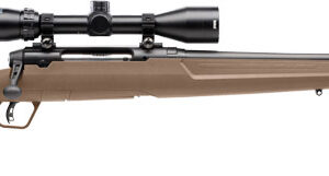 Savage bolt-action hunting rifle with tan stock and attached scope