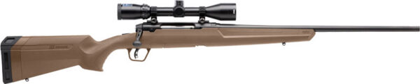 Savage bolt-action hunting rifle with tan stock and attached scope