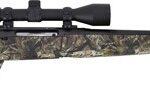 Camouflage-pattern bolt-action hunting rifle with a long barrel and telescopic scope, shown from the side.