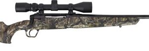 Camouflage-pattern bolt-action hunting rifle with a long barrel and telescopic scope, shown from the side.