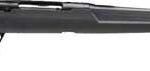 Black side view of a long hunting rifle with a fixed stock and long barrel.