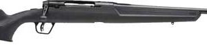 Black side view of a long hunting rifle with a fixed stock and long barrel.