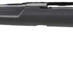 Black hunting rifle with a long barrel and a black synthetic stock, shown in a horizontal profile.