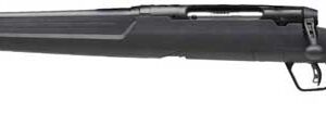 Black hunting rifle with a long barrel and a black synthetic stock, shown in a horizontal profile.